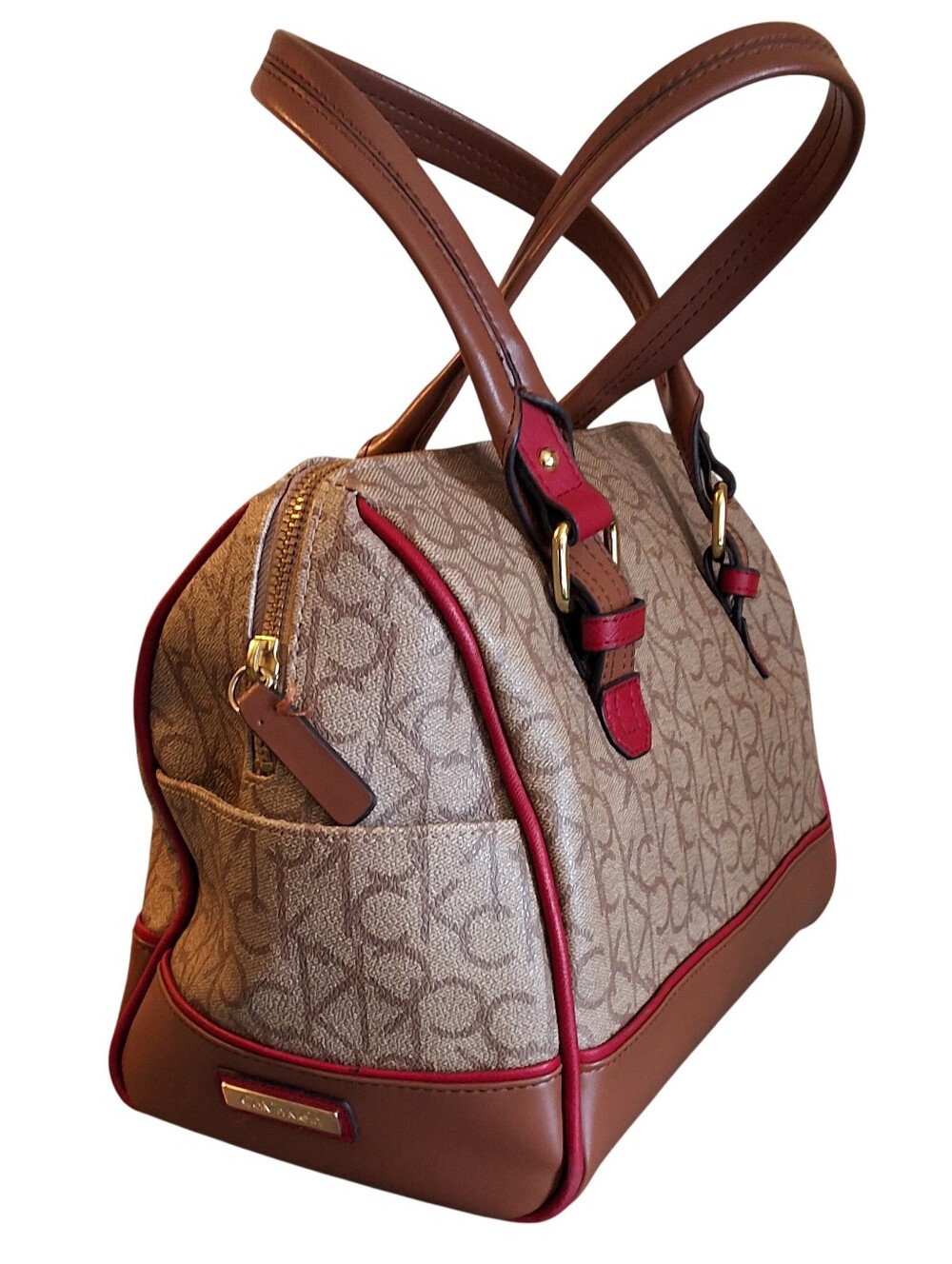 Calvin Klein Monogram Dome Satchel Brown Red Trim NWOT
